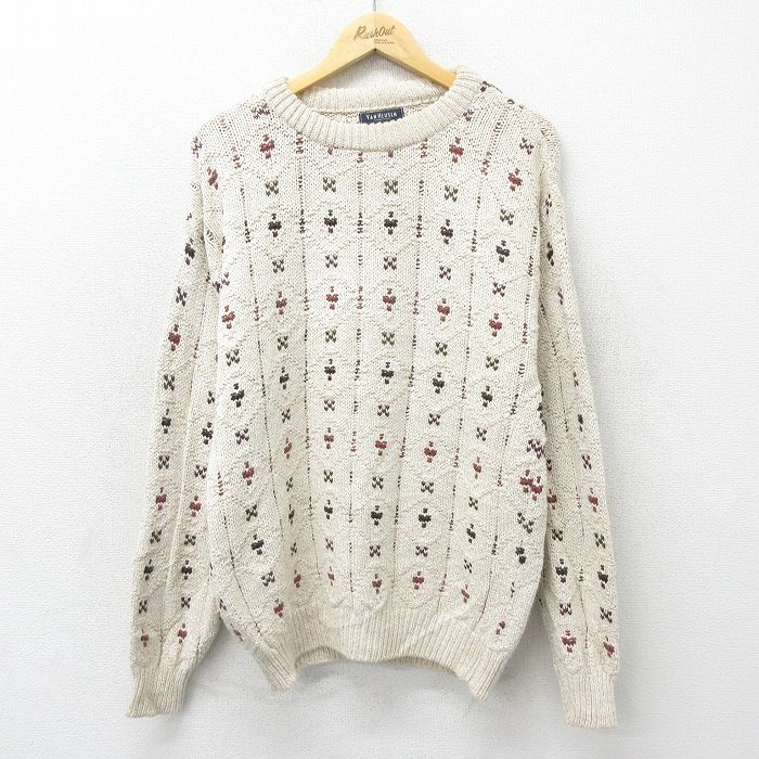 【50%OFF】XL★古着 バンヒューセン 長袖 セーター メンズ 90年代 90s コットン クルーネック USA製 薄ベージュ他 カーキ 24oct22 中古 ニット トップス