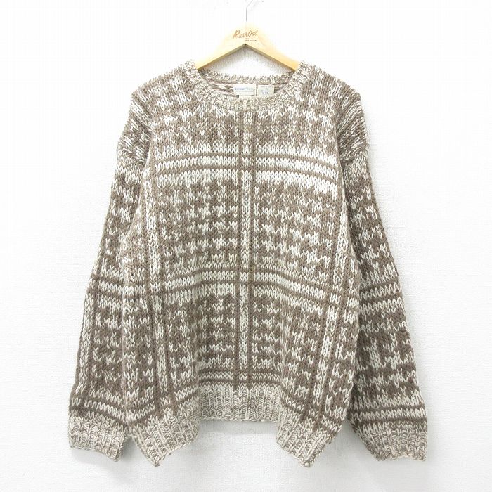 L★古着 長袖 セーター メンズ 90年代 90s 手織り クルーネック 茶他 ブラウン 24oct22 中古 ニット トップス