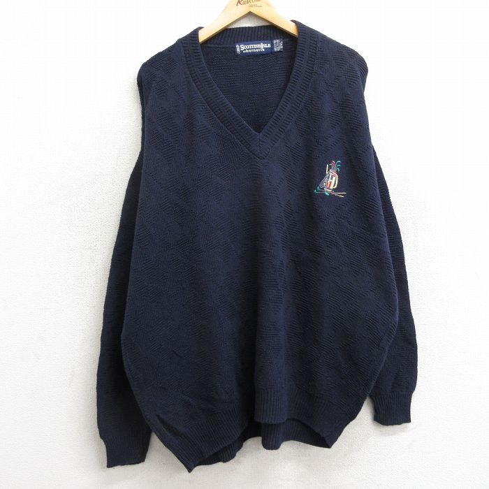 XL★古着 長袖 セーター メンズ 90年代 90s ゴルフ 手織り 大きいサイズ コットン Vネック USA製 紺 ネイビー 24oct22 中古 ニット トップス