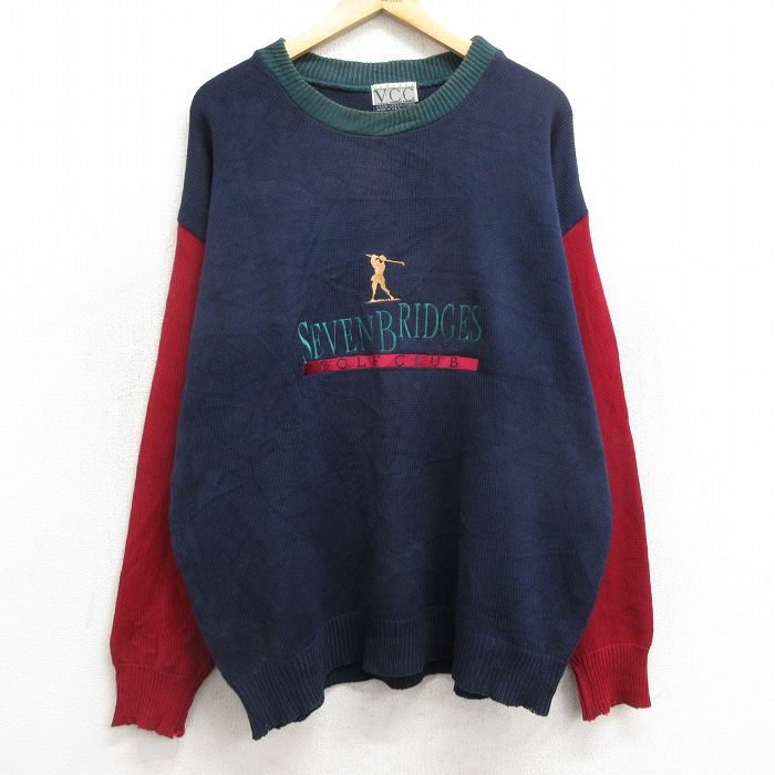 XL★古着 長袖 セーター メンズ 90年代 90s ゴルフ SEVENBRIDGES 刺繍 マルチカラー コットン クルーネック USA製 紺他 ネイビー 24oct22 中古 ニット トップス