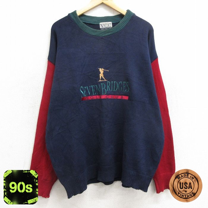XL★古着 長袖 セーター メンズ 90年代 90s ゴルフ SEVENBRIDGES 刺繍 マルチカラー コットン クルーネック USA製 紺他 ネイビー 24oct22 中古 ニット トップス