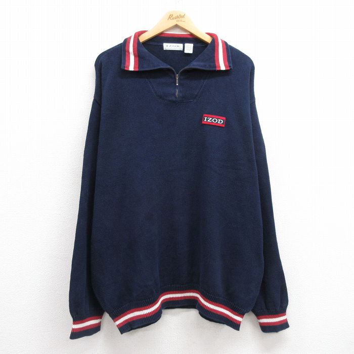 XL★古着 IZOD 長袖 ハーフジップ セーター メンズ 90年代 90s 大きいサイズ コットン 紺 ネイビー 24oct23 中古 ニット トップス