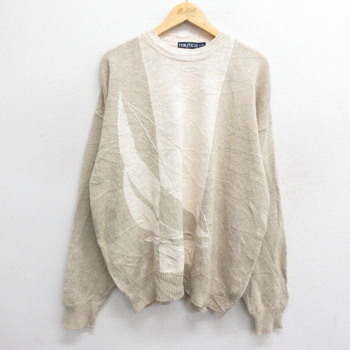 XL★古着 ノーティカ NAUTICA 長袖 セーター メンズ 90年代 90s ヨット ツートンカラー クルーネック ベージュ カーキ 【spe】 24oct23 中古 ニット トップス