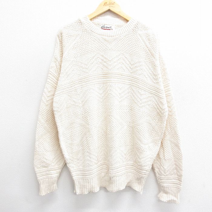 XL★古着 長袖 セーター メンズ 90年代 90s 大きいサイズ コットン クルーネック USA製 生成り 24oct23 中古 ニット トップス