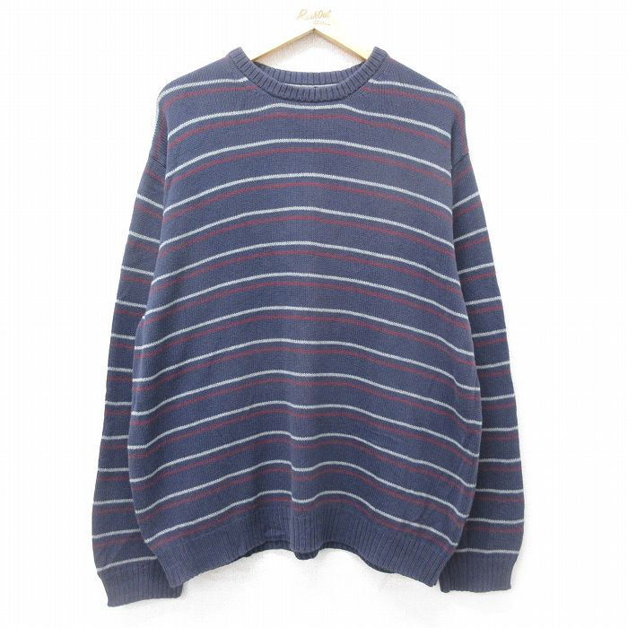 【50%OFF】XL★古着 ベーシックエディションズ 長袖 セーター メンズ コットン クルーネック 紺他 ネイビー ボーダー 24oct23 中古 ニット トップス