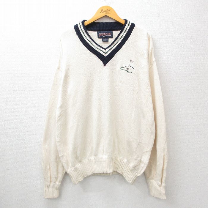 【50%OFF】XL★古着 ジャンスポーツ 長袖 セーター メンズ 00年代 00s ゴルフ 大きいサイズ コットン Vネック 白他 ホワイト 24oct24 中古 ニット トップス