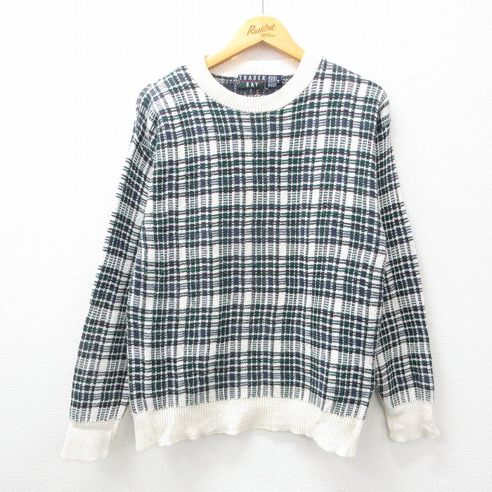 M★古着 長袖 セーター メンズ 90年代 90s クルーネック USA製 白他 ホワイト チェック 24oct24 中古 ニット トップス
