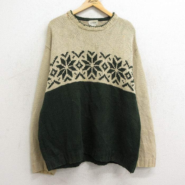 XL★古着 ジェイクルー J.CREW 長袖 セーター メンズ 00年代 00s 雪柄 手編み ハンドニット リネン クルーネック ベージュ他 カーキ 【spe】 24oct24 中古 ニット トップス