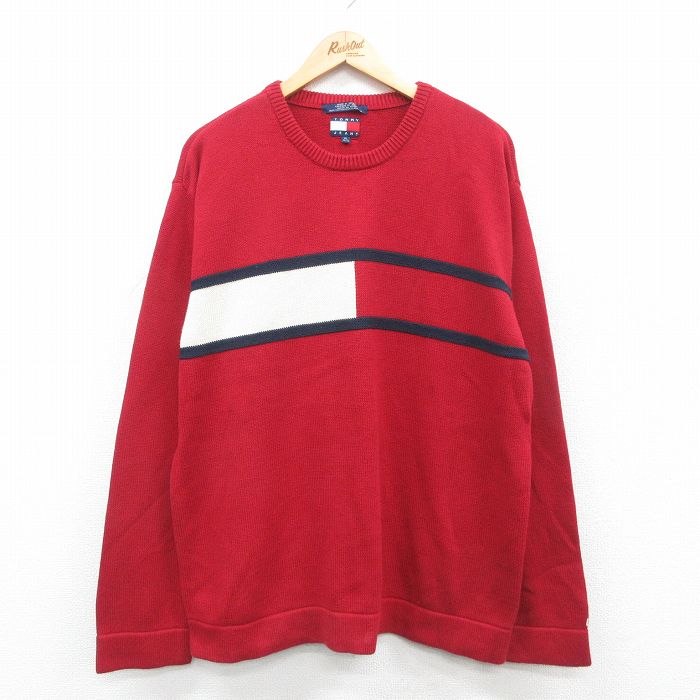 XL★古着 トミーヒルフィガー TOMMY HILFIGER 長袖 ブランド セーター メンズ 90年代 90s ビッグロゴ 大きいサイズ コットン クルーネック 赤他 レッド 24oct24 中古 ニット トップス