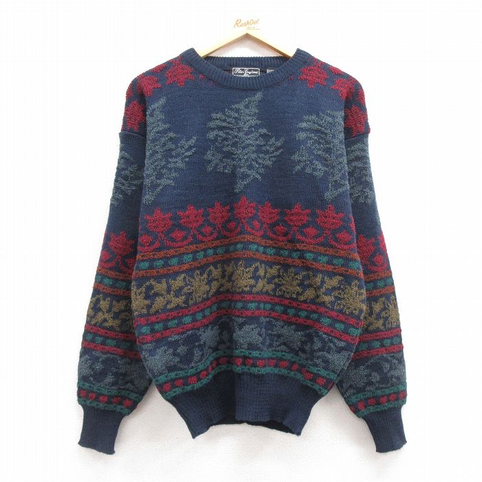 【20%OFF】M★古着 長袖 セーター メンズ 90年代 90s クルーネック 紺他 ネイビー 24oct25 中古 ニット トップス