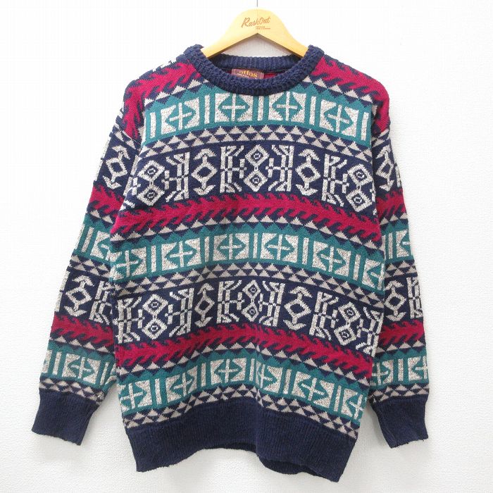 【20%OFF】M★古着 長袖 セーター メンズ 90年代 90s コットン クルーネック USA製 紺他 ネイビー 24oct25 中古 ニット トップス