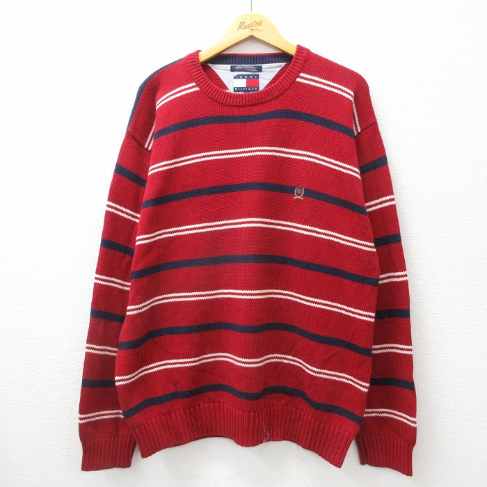【20%OFF】XL★古着 トミーヒルフィガー TOMMY HILFIGER 長袖 ブランド セーター メンズ 90年代 90s ワンポイントロゴ 大きいサイズ コットン クルーネック 赤他 レッド ボーダー 24oct25 中古 ニット トップス