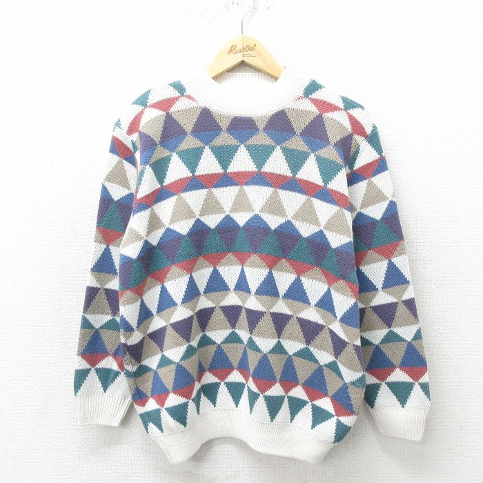 【50%OFF】L★古着 長袖 セーター メンズ 90年代 90s アクリル クルーネック USA製 白他 ホワイト 24oct26 中古 ニット トップス