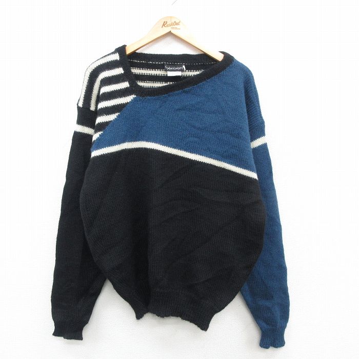 【50%OFF】L★古着 長袖 セーター メンズ 90年代 90s 手織り ウール USA製 黒他 ブラック 24oct26 中古 ニット トップス