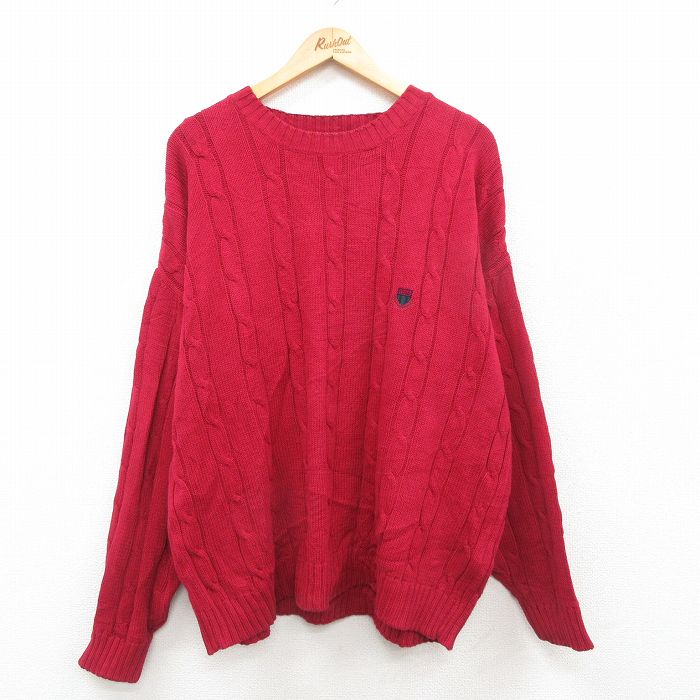XL★古着 IZOD 長袖 ケーブル セーター メンズ 90年代 90s ワンポイントロゴ 大きいサイズ コットン クルーネック 赤 レッド 24oct26 中古 ニット トップス