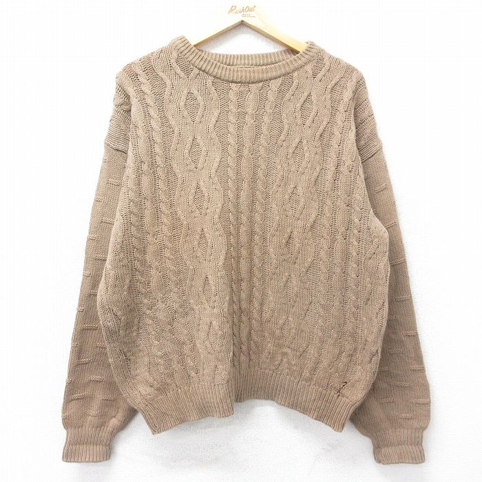 XL★古着 セントジョンズベイ 長袖 ケーブル セーター メンズ 90年代 90s コットン クルーネック USA製 茶 ブラウン 24oct28 中古 ニット トップス