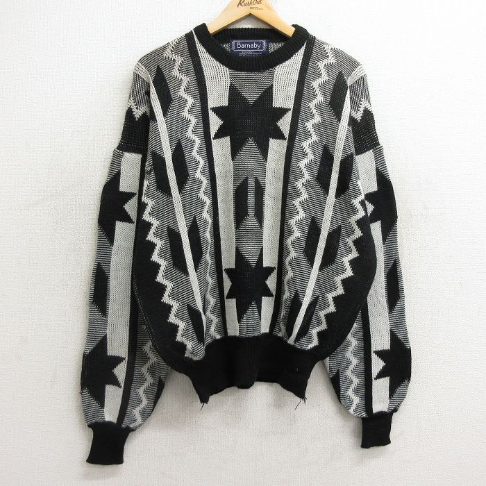 XL★古着 長袖 セーター メンズ 90年代 90s 大きいサイズ アクリル クルーネック 黒他 ブラック 24oct31 中古 ニット トップス