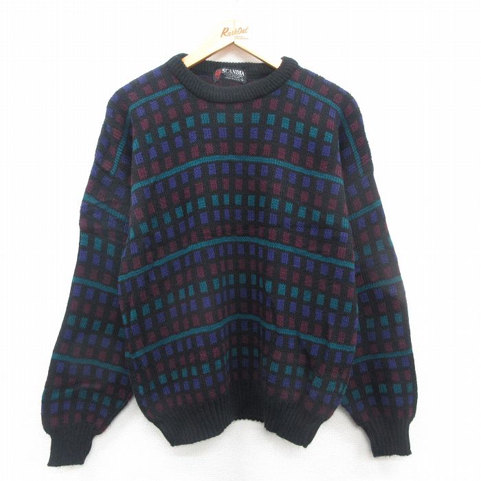 M★古着 長袖 セーター メンズ 90年代 90s アクリル クルーネック USA製 黒他 ブラック 24oct31 中古 ニット トップス