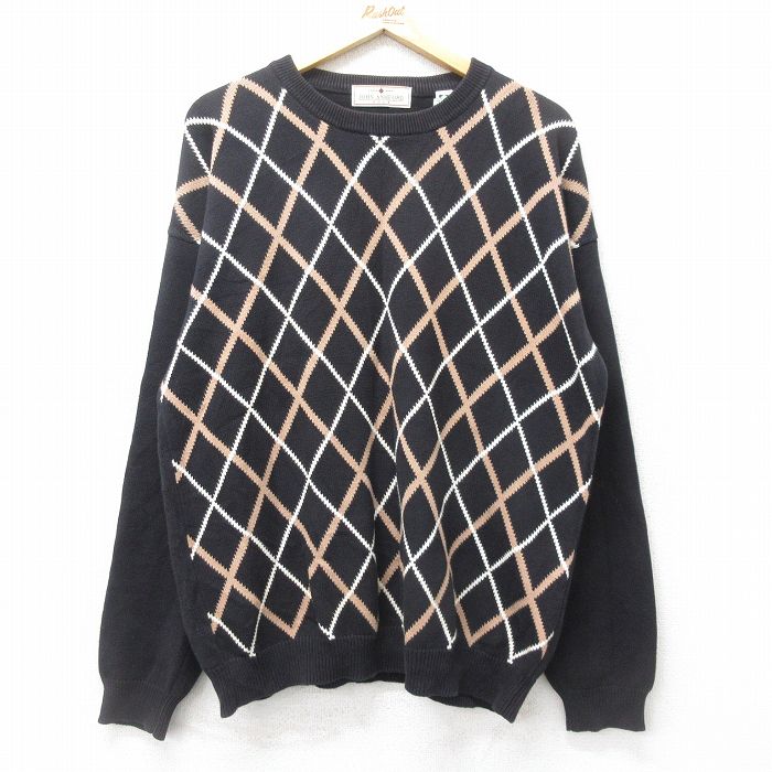 【50%OFF】L★古着 長袖 セーター メンズ 00年代 00s アーガイル コットン クルーネック 黒他 ブラック 24nov01 中古 ニット トップス