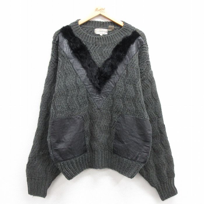L★古着 長袖 セーター メンズ 00年代 00s レザー使用 アクリル クルーネック 濃グレー系 24nov01 中古 ニット トップス