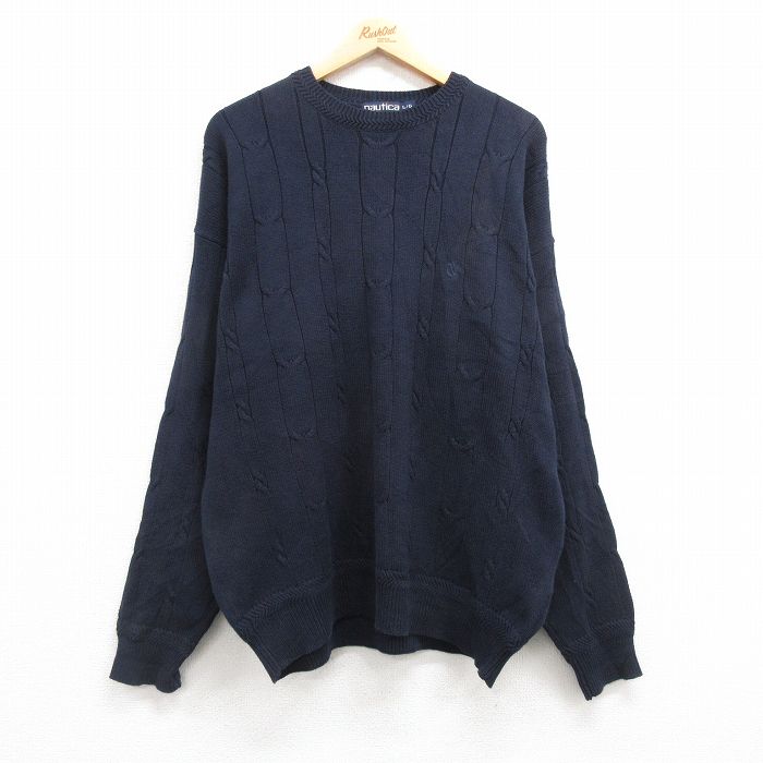 【50%OFF】XL★古着 ノーティカ NAUTICA 長袖 ブランド セーター メンズ 90年代 90s ワンポイントロゴ コットン クルーネック 紺 ネイビー 24nov01 中古 ニット トップス