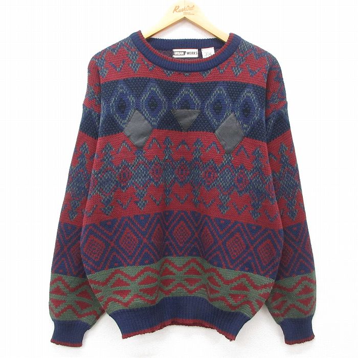 【50%OFF】L★古着 長袖 セーター メンズ 00年代 00s レザー使用 アクリル クルーネック 紺他 ネイビー 24nov01 中古 ニット トップス