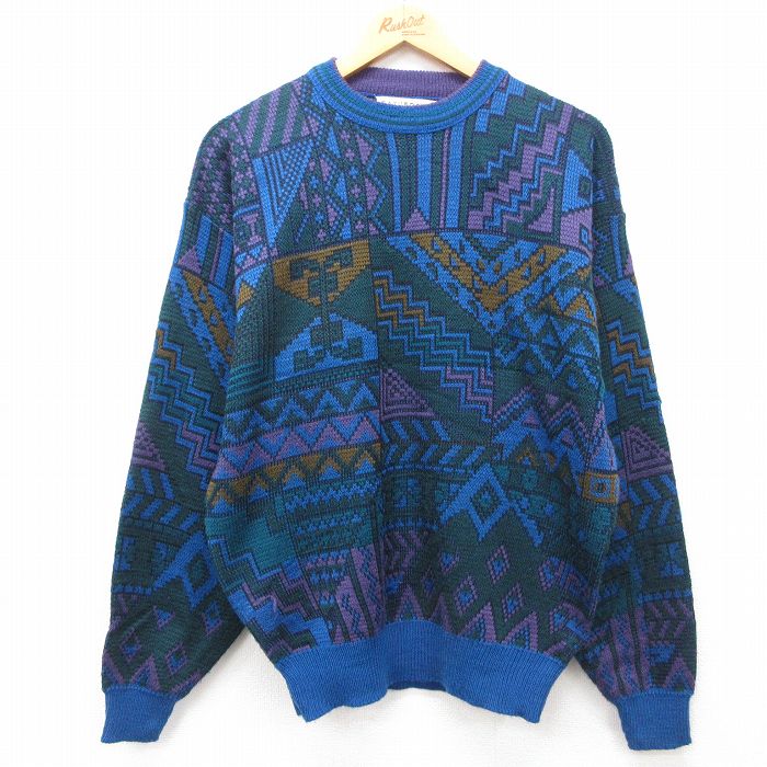 M★古着 長袖 セーター メンズ 90年代 90s クルーネック 青他 ブルー 24nov01 中古 ニット トップス