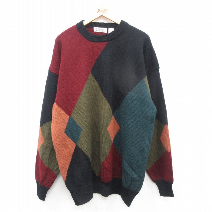 XL★古着 長袖 セーター メンズ 00年代 00s 大きいサイズ ロング丈 ウール クルーネック 黒他 ブラック 24nov01 中古 ニット トップス