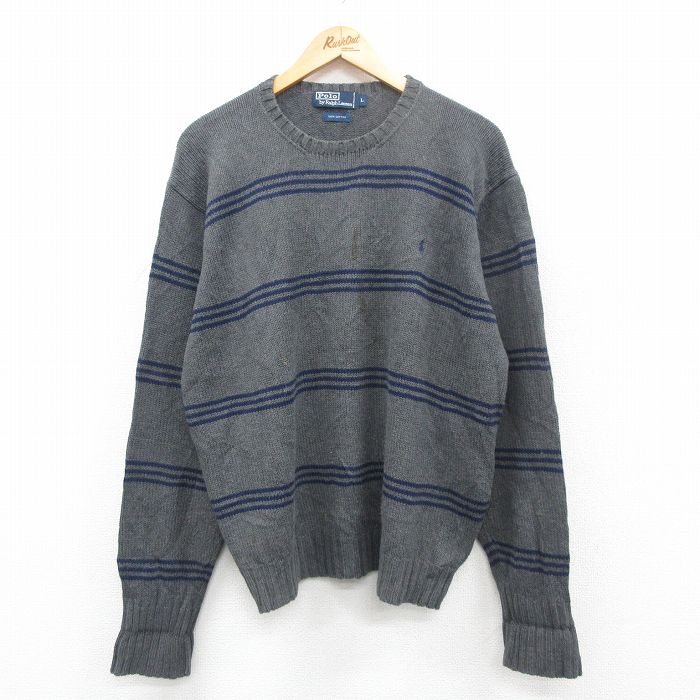 XL★古着 ラルフローレン Ralph Lauren 長袖 ブランド セーター メンズ 90年代 90s ワンポイントロゴ コットン クルーネック 濃グレー他 ボーダー 24nov01 中古 ニット トップス