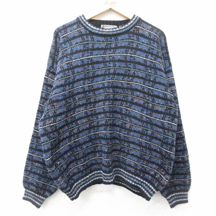 XL★古着 長袖 セーター メンズ 90年代 90s 大きいサイズ アクリル クルーネック 紺他 ネイビー 24nov01 中古 ニット トップス