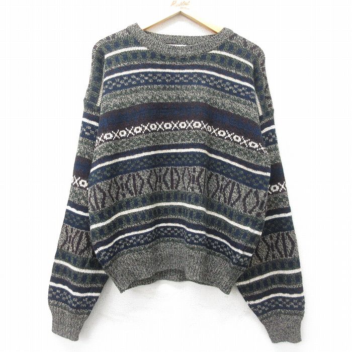 XL★古着 ベーシックエディションズ 長袖 セーター メンズ 00年代 00s フェアアイル 大きいサイズ アクリル クルーネック 黒他 ブラック 24nov01 中古 ニット トップス