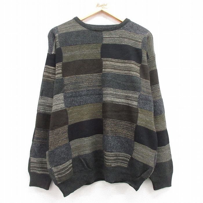 L★古着 長袖 セーター メンズ 00年代 00s アクリル クルーネック 黒他 ブラック 24nov01 中古 ニット トップス