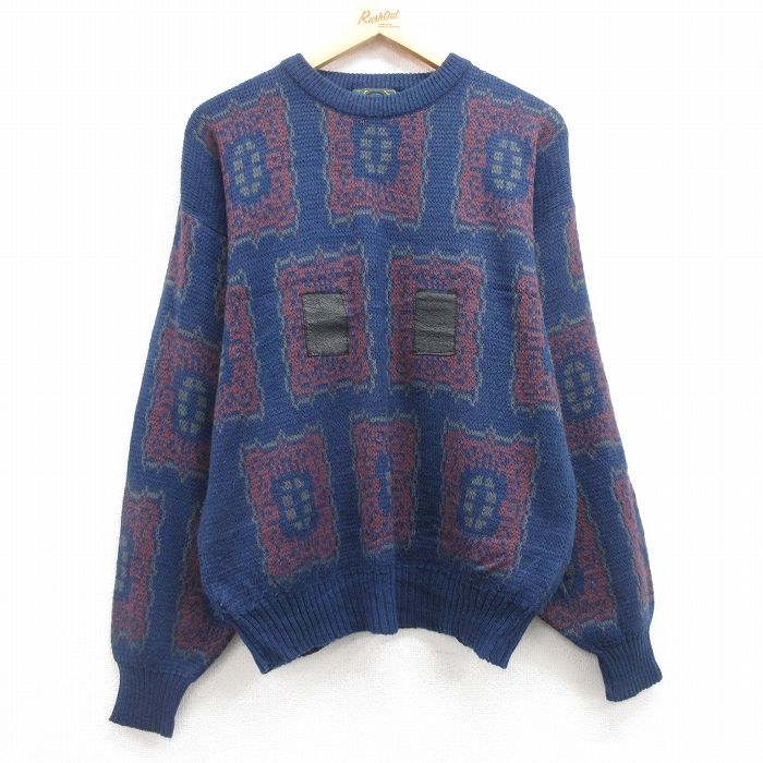 XL★古着 長袖 セーター メンズ 00年代 00s レザー使用 アクリル クルーネック 紺他 ネイビー 24nov01 中古 ニット トップス