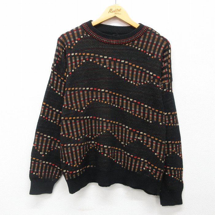 L★古着 長袖 セーター メンズ 90年代 90s クルーネック イタリア製 黒他 ブラック 24nov02 中古 ニット トップス
