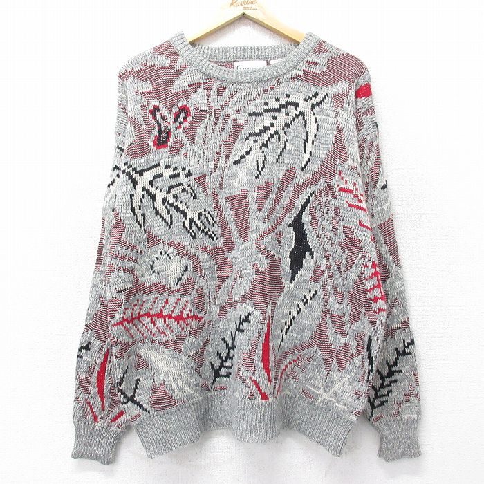 XL★古着 長袖 セーター メンズ 90年代 90s 葉 アクリル クルーネック グレー他 24nov02 中古 ニット トップス