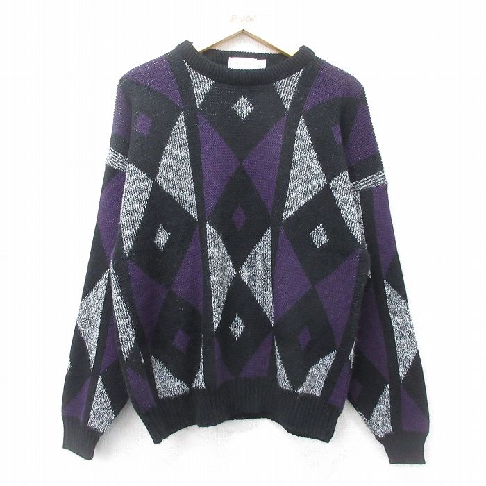 XL★古着 長袖 セーター メンズ 90年代 90s 大きいサイズ アクリル クルーネック USA製 黒他 ブラック 24nov02 中古 ニット トップス