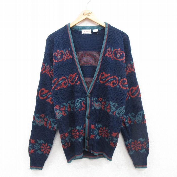 S★古着 キャンパス 長袖 ニット カーディガン メンズ 90年代 90s　アクリル 紺他 ネイビー 24nov02 中古 トップス