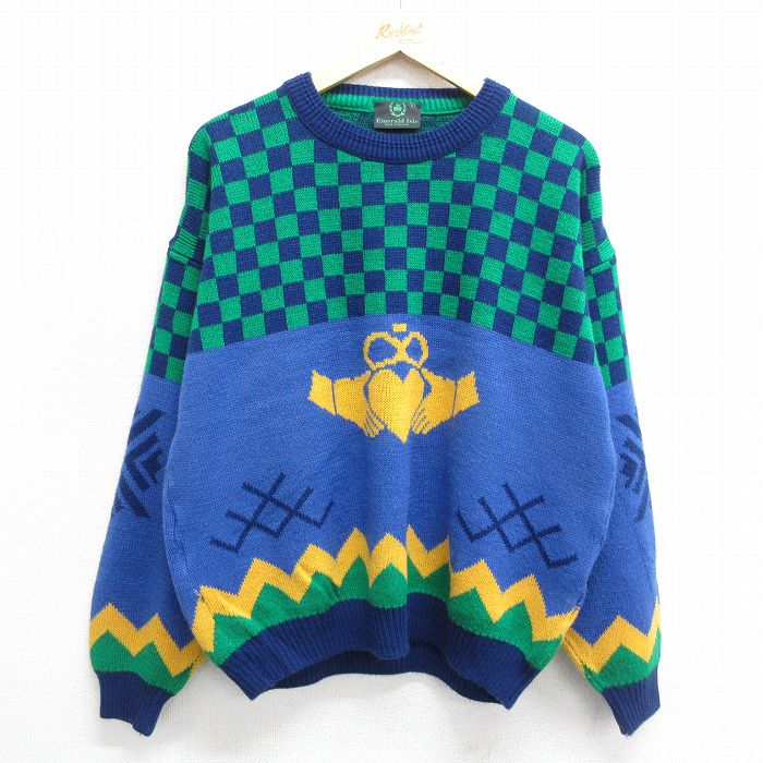 XL★古着 長袖 セーター メンズ 90年代 90s ハート 大きいサイズ アクリル クルーネック アイルランド製 紺他 ネイビー 24nov05 中古 ニット トップス