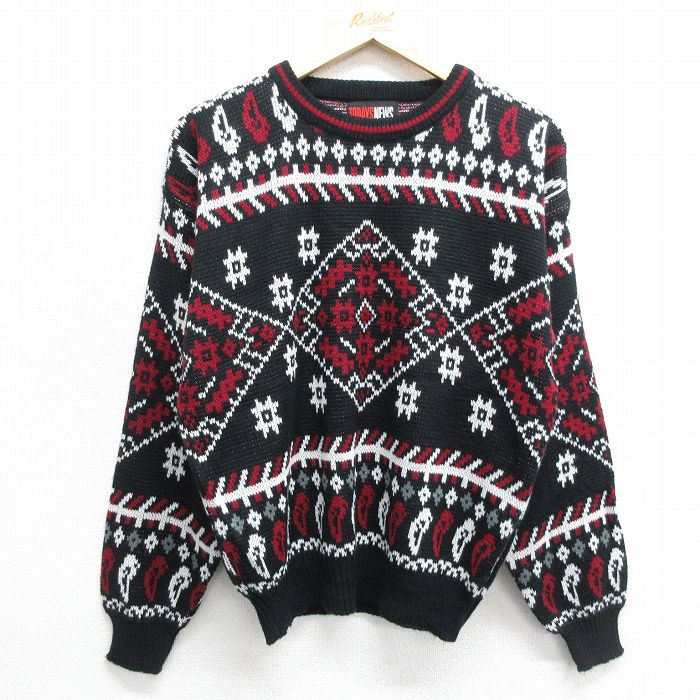 L★古着 TODAYS NEWS 長袖 セーター メンズ 90年代 90s アクリル クルーネック 黒他 ブラック 24nov05 中古 ニット トップス