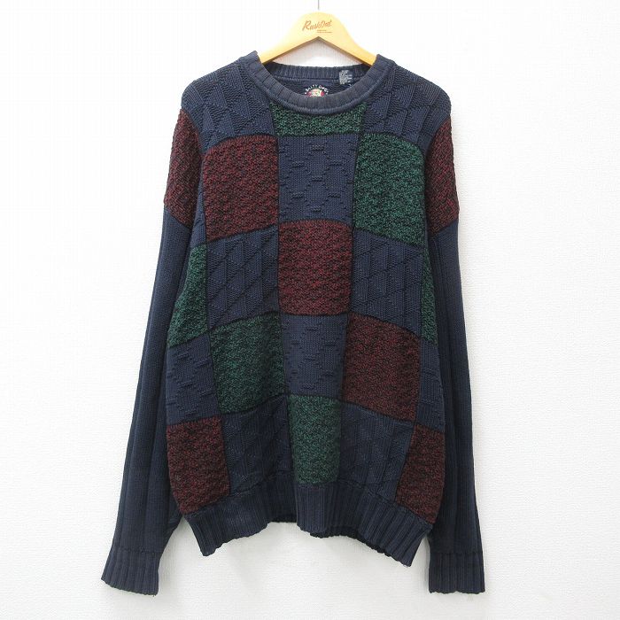 XL★古着 長袖 セーター メンズ 90年代 90s コットン クルーネック 濃紺他 ネイビー 24nov05 中古 ニット トップス