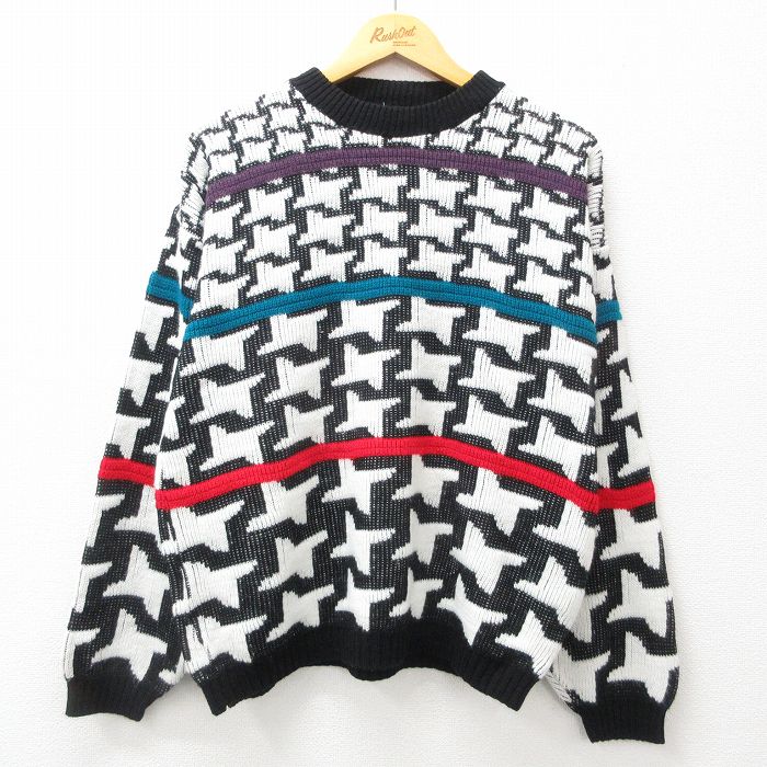 L★古着 長袖 セーター メンズ 90年代 90s アクリル クルーネック USA製 黒他 ブラック 24nov05 中古 ニット トップス