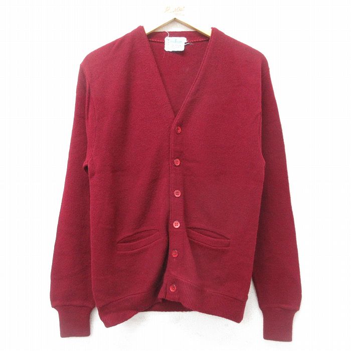 S★古着 長袖 ニット カーディガン メンズ 80年代 80s 無地 アクリル エンジ 24nov06 中古 トップス