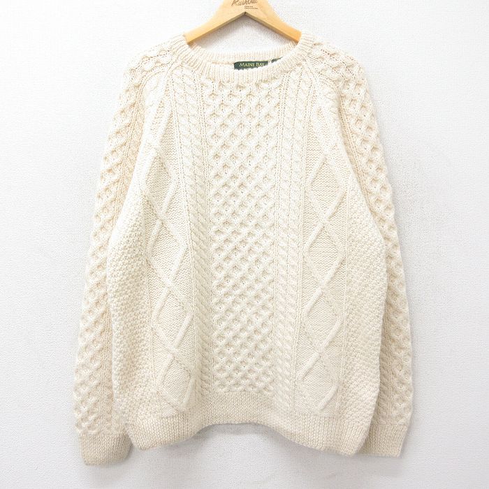 L★古着 長袖 アラン フィッシャーマン ケーブル セーター メンズ 90年代 90s 手編み ハンドニット ウール クルーネック 生成り 24nov06 中古 ニット トップス