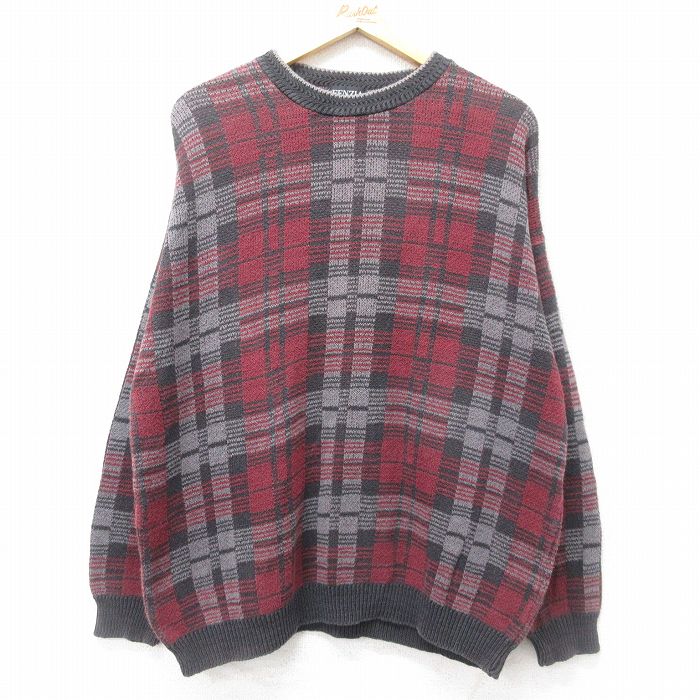 【50%OFF】XL★古着 長袖 セーター メンズ 90年代 90s コットン クルーネック USA製 グレー他 チェック 24nov06 中古 ニット トップス