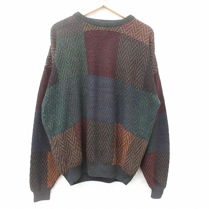 XL★古着 長袖 セーター メンズ 00年代 00s 大きいサイズ アクリル クルーネック 緑他 グリーン 24nov06 中古 ニット トップス