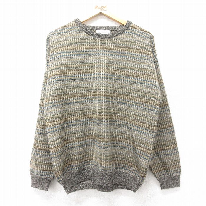 L★古着 長袖 セーター メンズ 00年代 00s アクリル クルーネック ベージュ他 カーキ チェック 24nov06 中古 ニット トップス