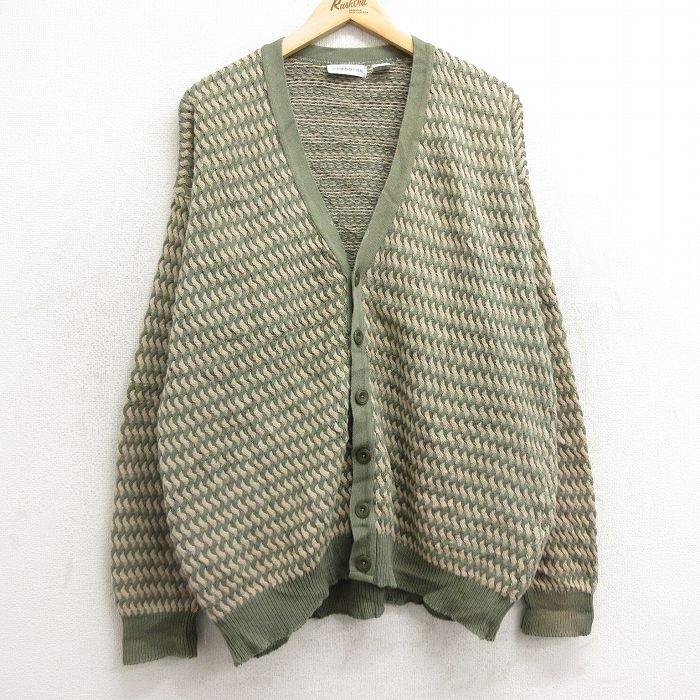 XL★古着 長袖 ニット カーディガン メンズ 90年代 90s コットン USA製 薄緑他 グリーン 24nov07 中古 トップス