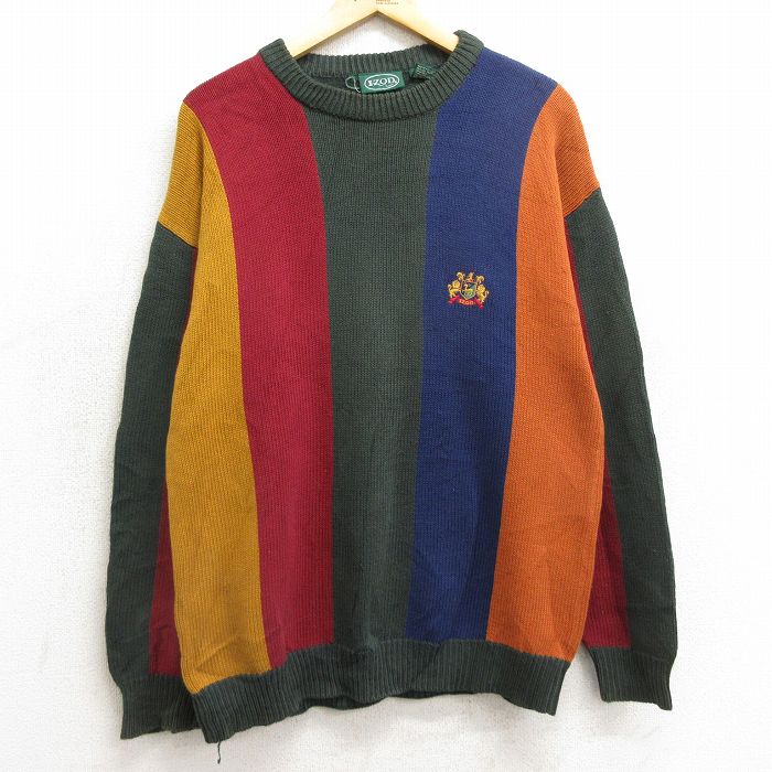 L★古着 IZOD 長袖 セーター メンズ 00年代 00s ワンポイントロゴ マルチカラー コットン クルーネック 緑他 グリーン 24nov07 中古 ニット トップス