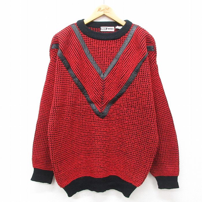 L★古着 長袖 セーター メンズ 90年代 90s レザー使用 アクリル クルーネック 赤他 レッド 24nov08 中古 ニット トップス