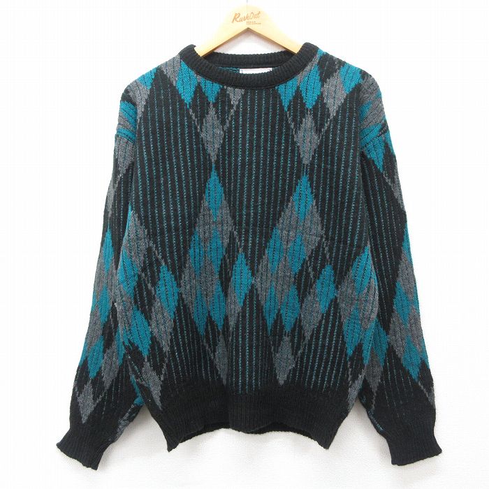 L★古着 長袖 セーター メンズ 90年代 90s アクリル クルーネック USA製 青緑系他 24nov08 中古 ニット トップス